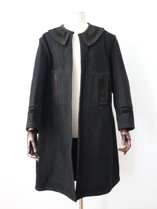1920s Transylvanian Charcoal Black Wool Coat Traditional Folk Clothing Velvet Trim Stitching