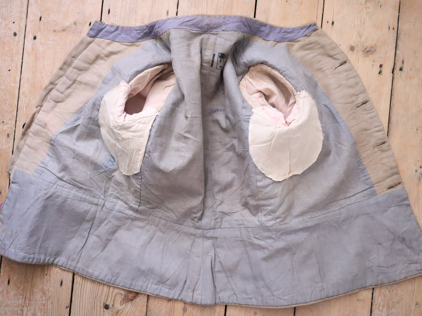 Antique French Opera Costume Jacket Grey Blue Stripe Cotton Sleeves Ribbon Trim Medieval Renaissance Metal Buttons