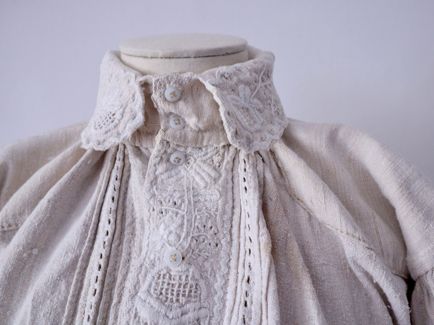1930s - 1940s Transylvanian linen shirt with embroidery and cutwork