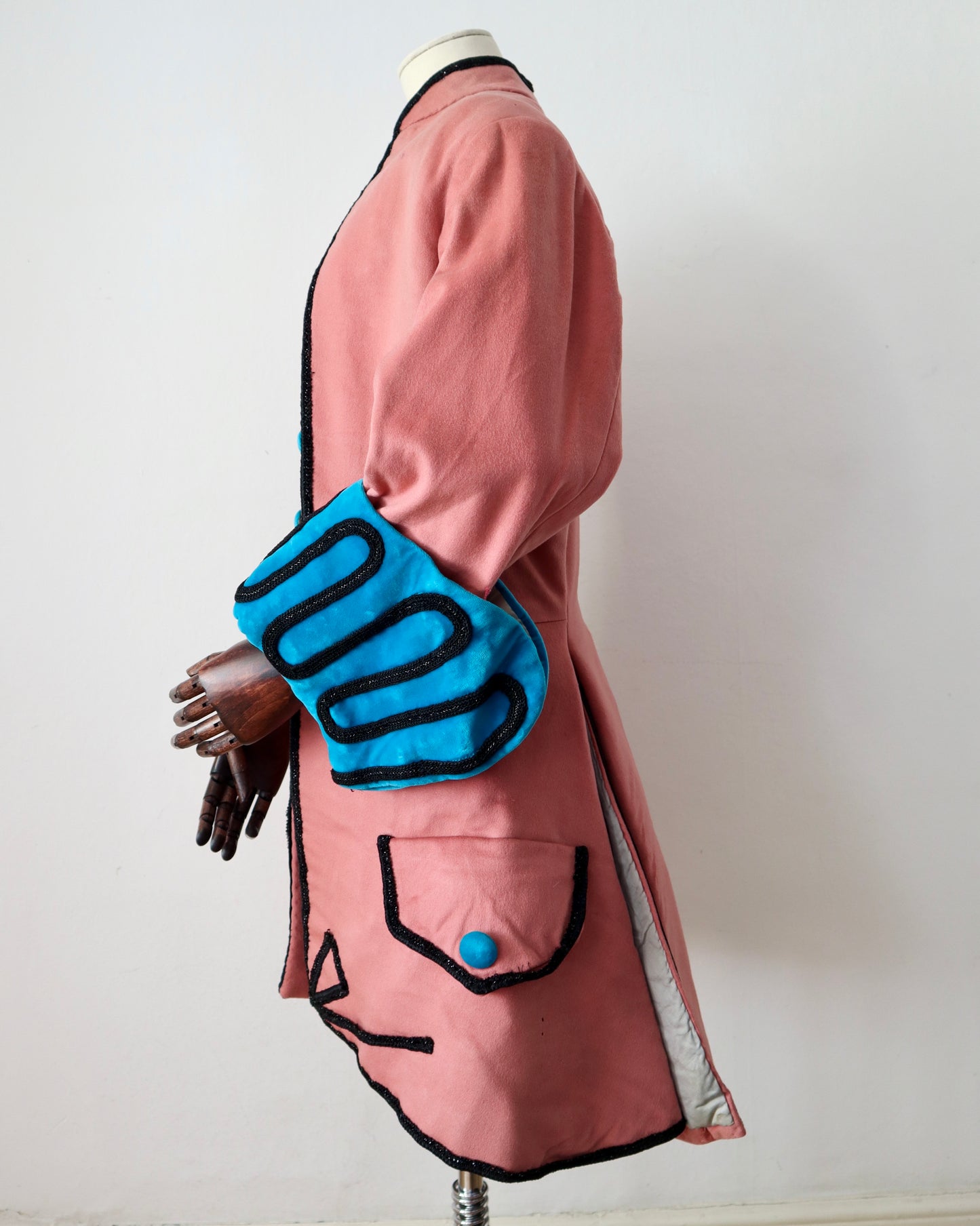 1950s French Opera House Costume Frock Coat 18th Century 1700s Marseille Pink Wool Cotton Lined Blue Velvet Cuffs Large Buttons