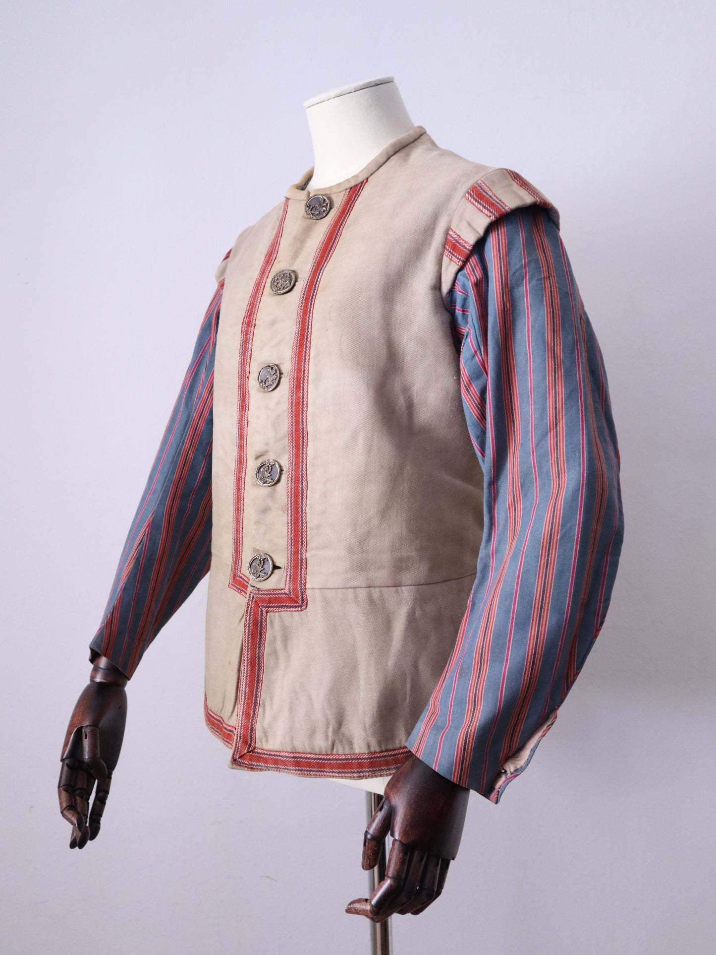 Antique French Opera Costume Jacket Grey Blue Stripe Cotton Sleeves Ribbon Trim Medieval Renaissance Metal Buttons
