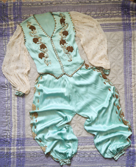 1950s Turquoise Silky Satin Two Piece Gold Beading Sequins Chiffon Sleeves Oriental Eastern