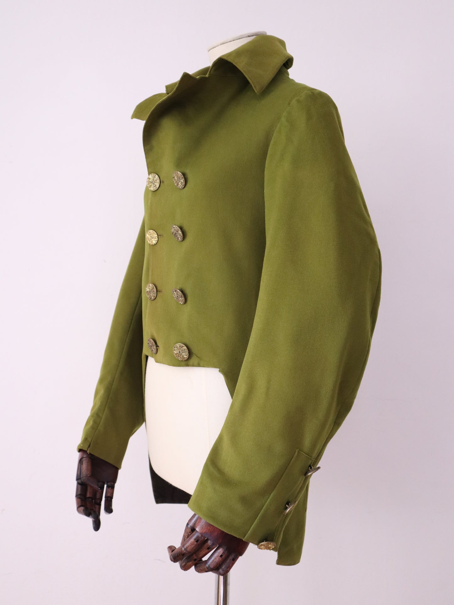 Antique French Tailcoat by Aristide Boyer – Bright Green Wool Theatre Jacket with Ring-Back Buttons – Regency-Inspired