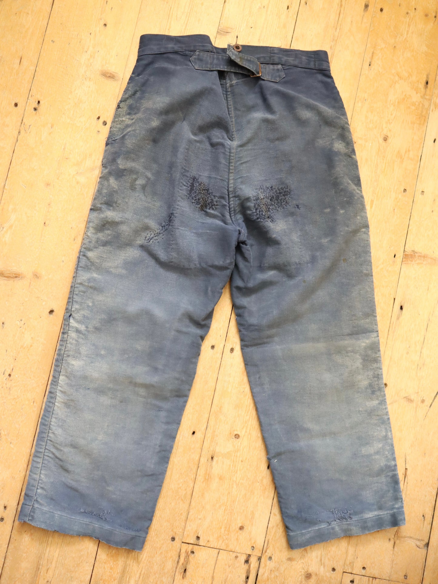 French Le Mont St Michel Blue Moleskin Workwear Trousers Pants Repairs Darned 1950s