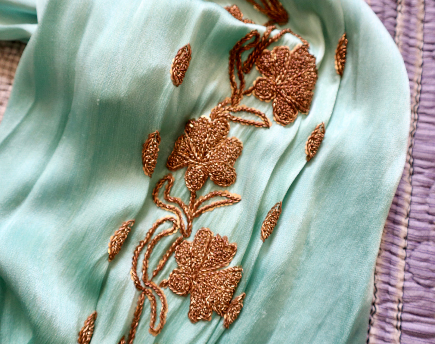 1950s Turquoise Silky Satin Two Piece Gold Beading Sequins Chiffon Sleeves Oriental Eastern