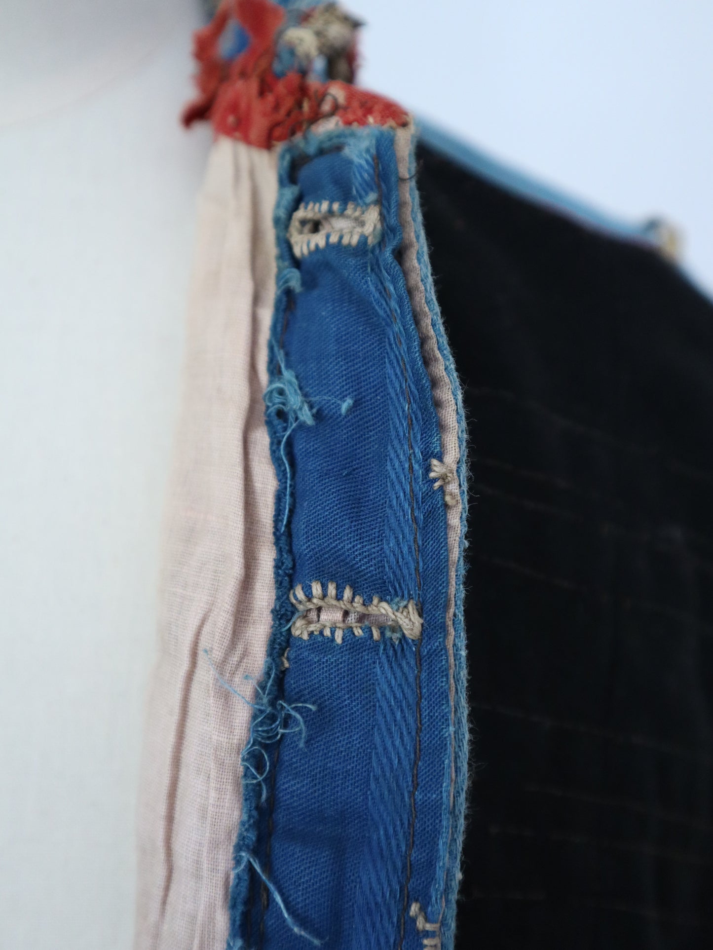 Antique French Theatre Costume 19th Century Military Style Indigo Blue Red Sun Fade Gold Ribbon Trim Brass Buttons