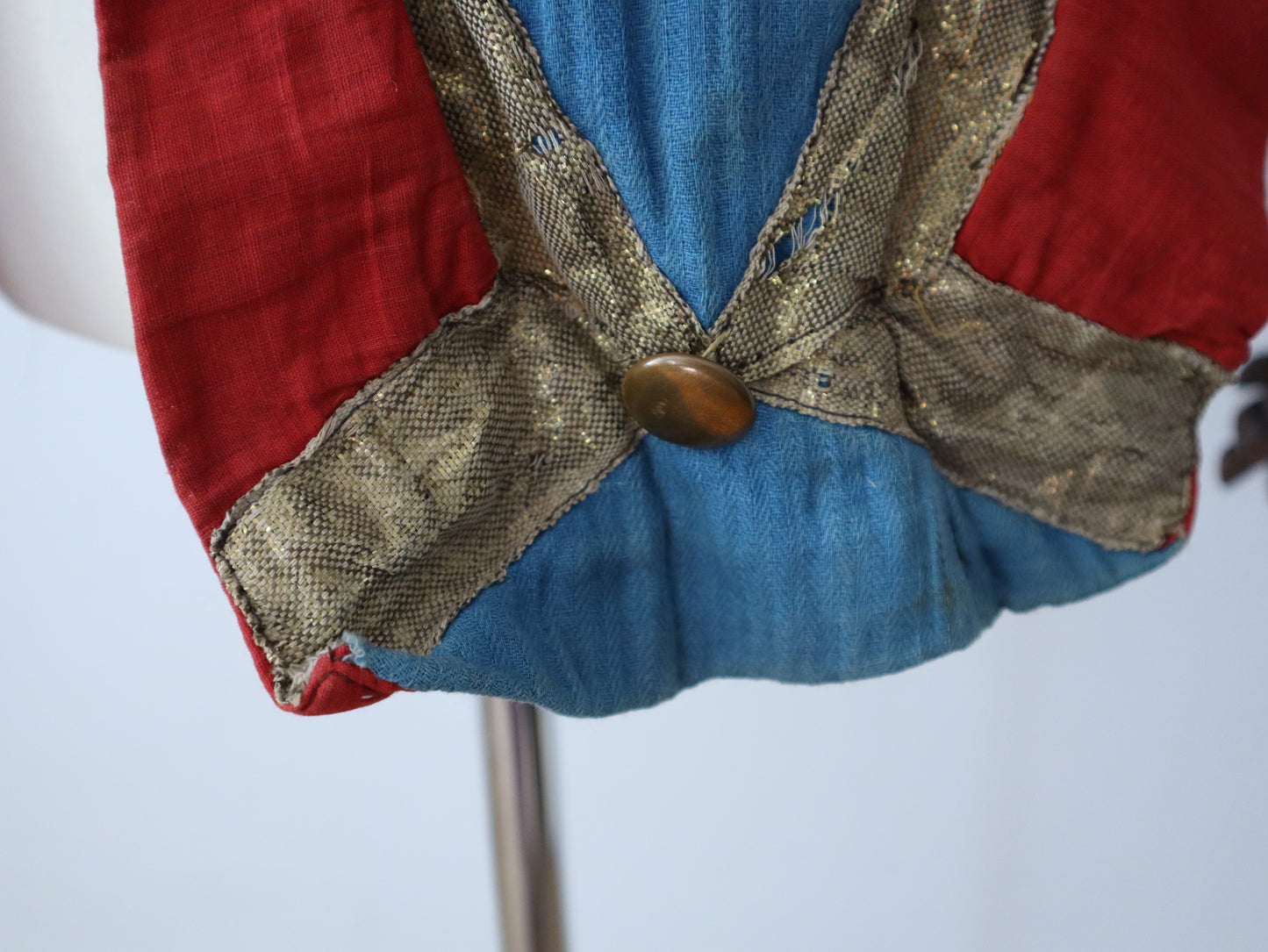 Antique French Theatre Costume 19th Century Military Style Indigo Blue Red Sun Fade Gold Ribbon Trim Brass Buttons