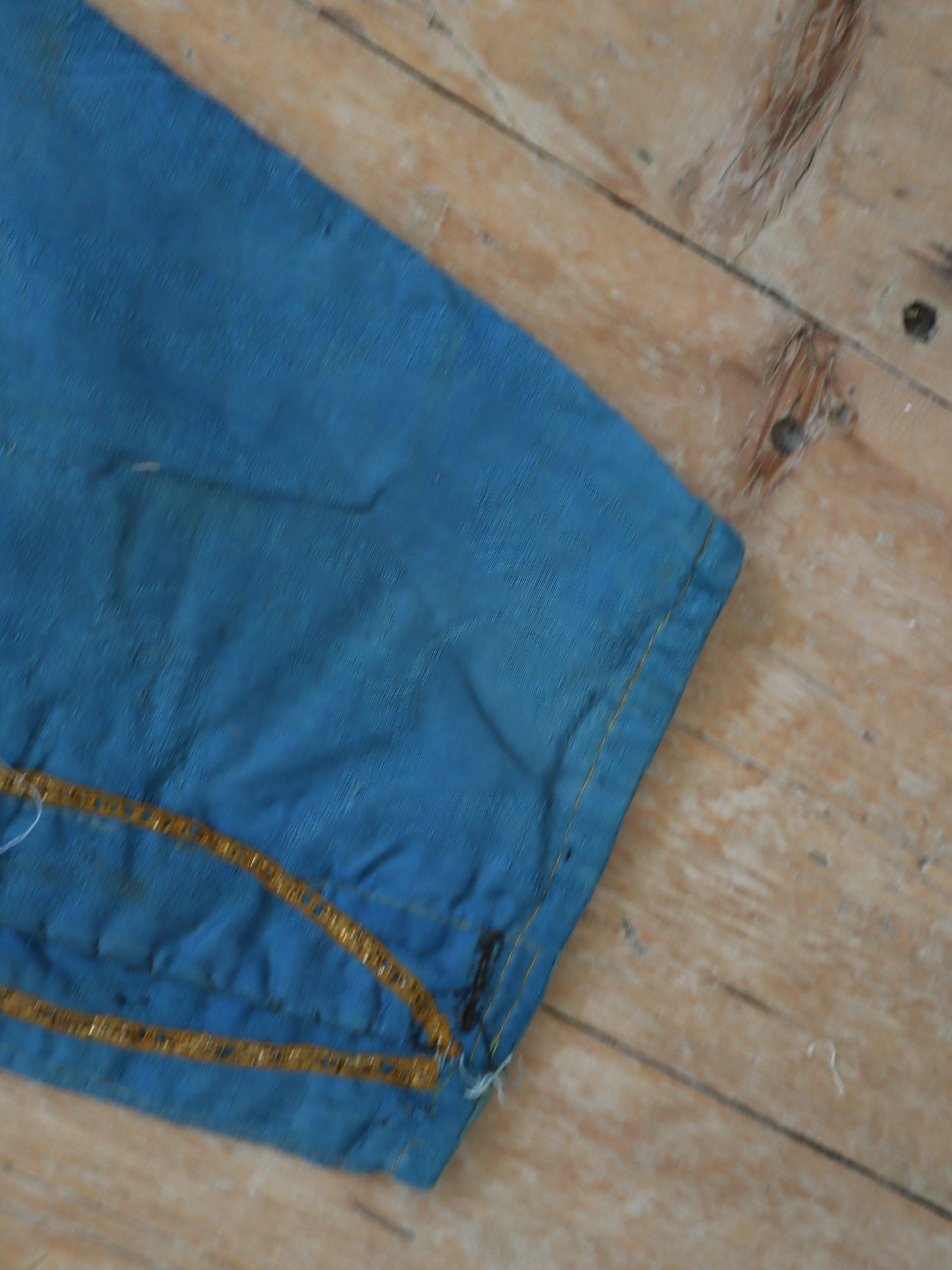 Antique French 19th Century Woven Cotton Blue Renaissance Style Breeches Trousers Pants Red Bows Gold Metal Ribbon Lace Trim Theatre Opera Costume Child’s