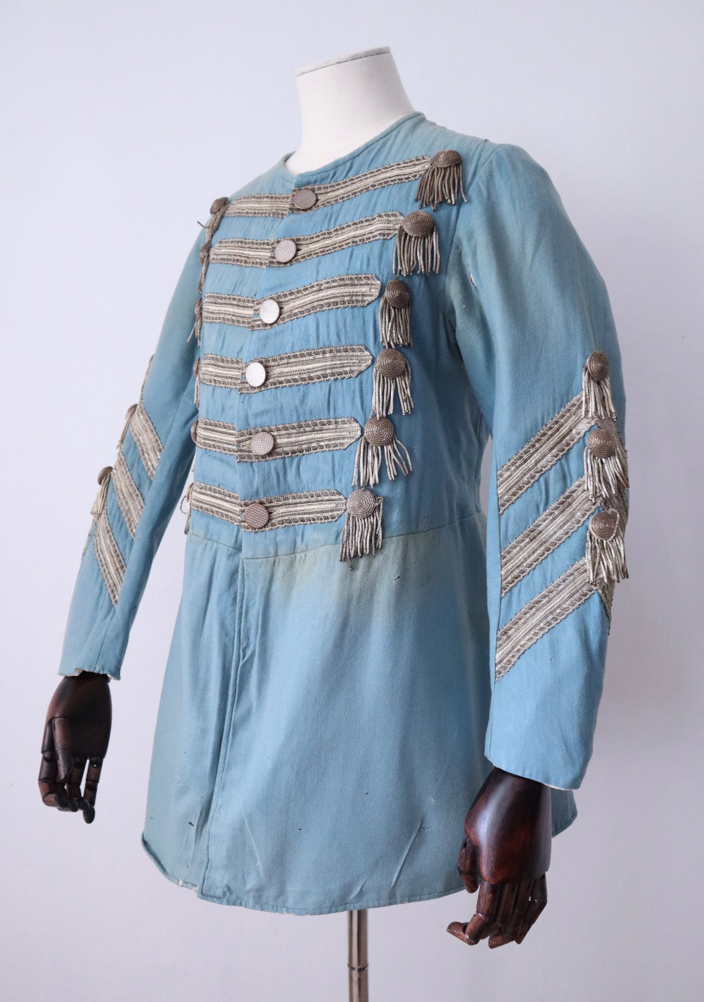 Antique 19th Century Theatrical Military-Style Jacket | Hand-Sewn Powder Blue Costume Coat  Metal Ribbon Trim Tassels