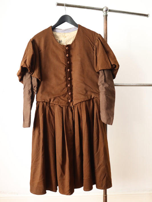 Antique French Opera Costume Tunic Brown Wool Cotton Puff Sleeve Renaissance Style 1910s