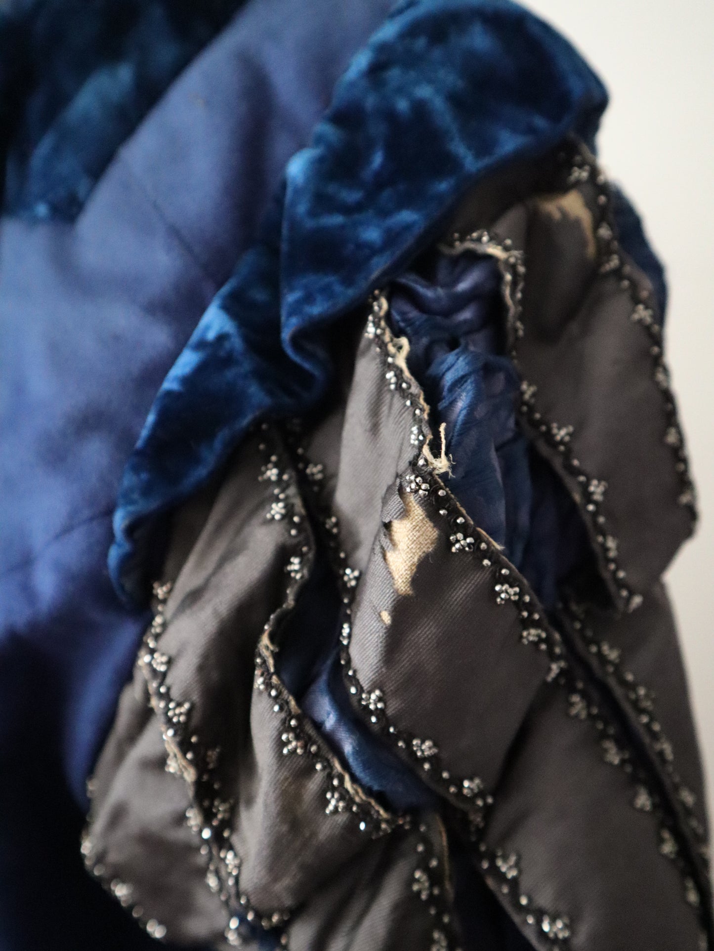 Antique French Opera Doublet Tunic Blue Wool Silk Beaded Sequins Lace Up Early 1900s Renaissance Style