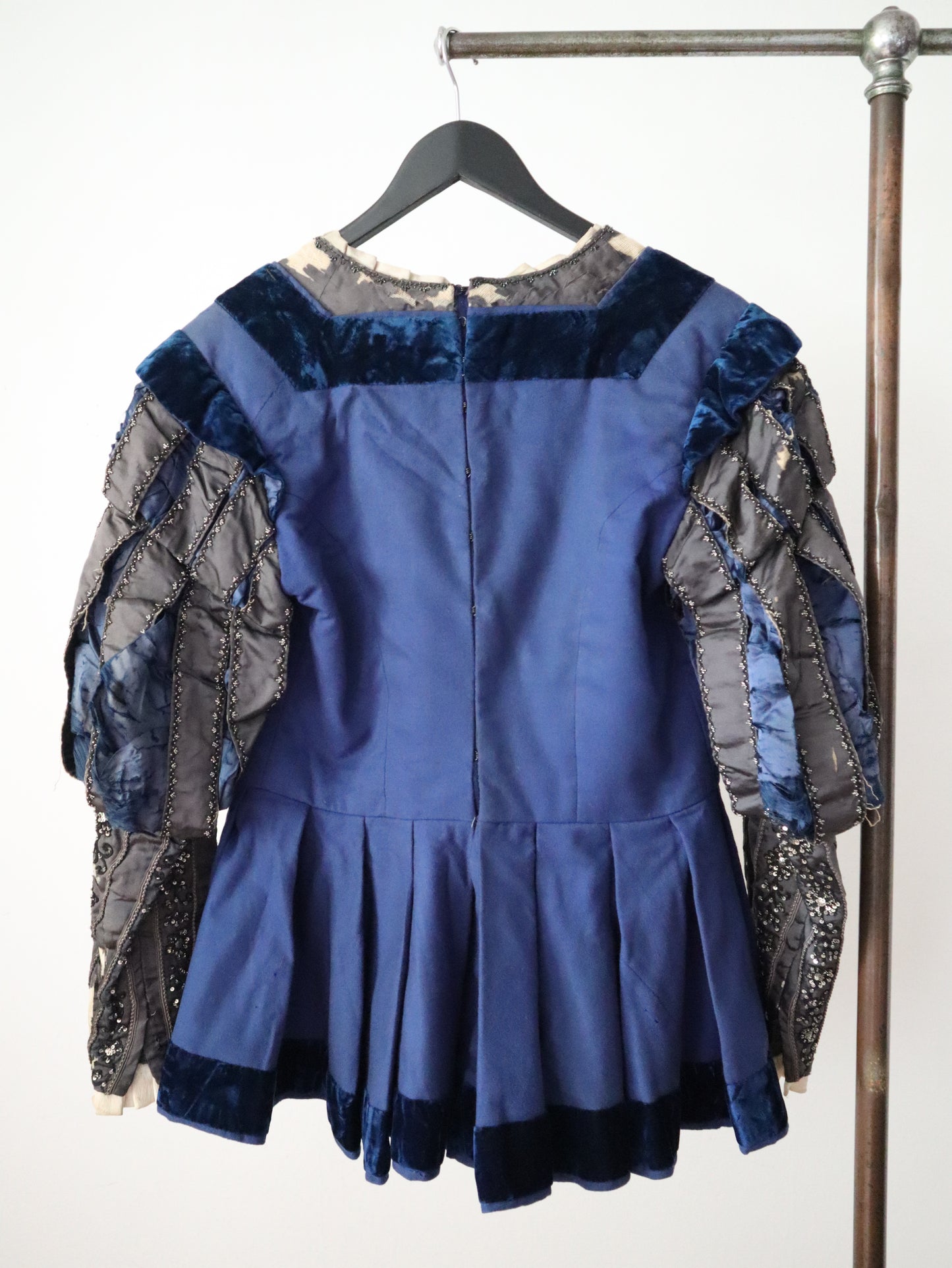 Antique French Opera Doublet Tunic Blue Wool Silk Beaded Sequins Lace Up Early 1900s Renaissance Style