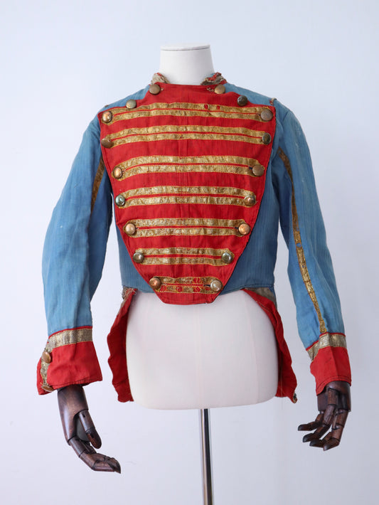 Antique French Theatre Costume 19th Century Military Style Indigo Blue Red Sun Fade Gold Ribbon Trim Brass Buttons