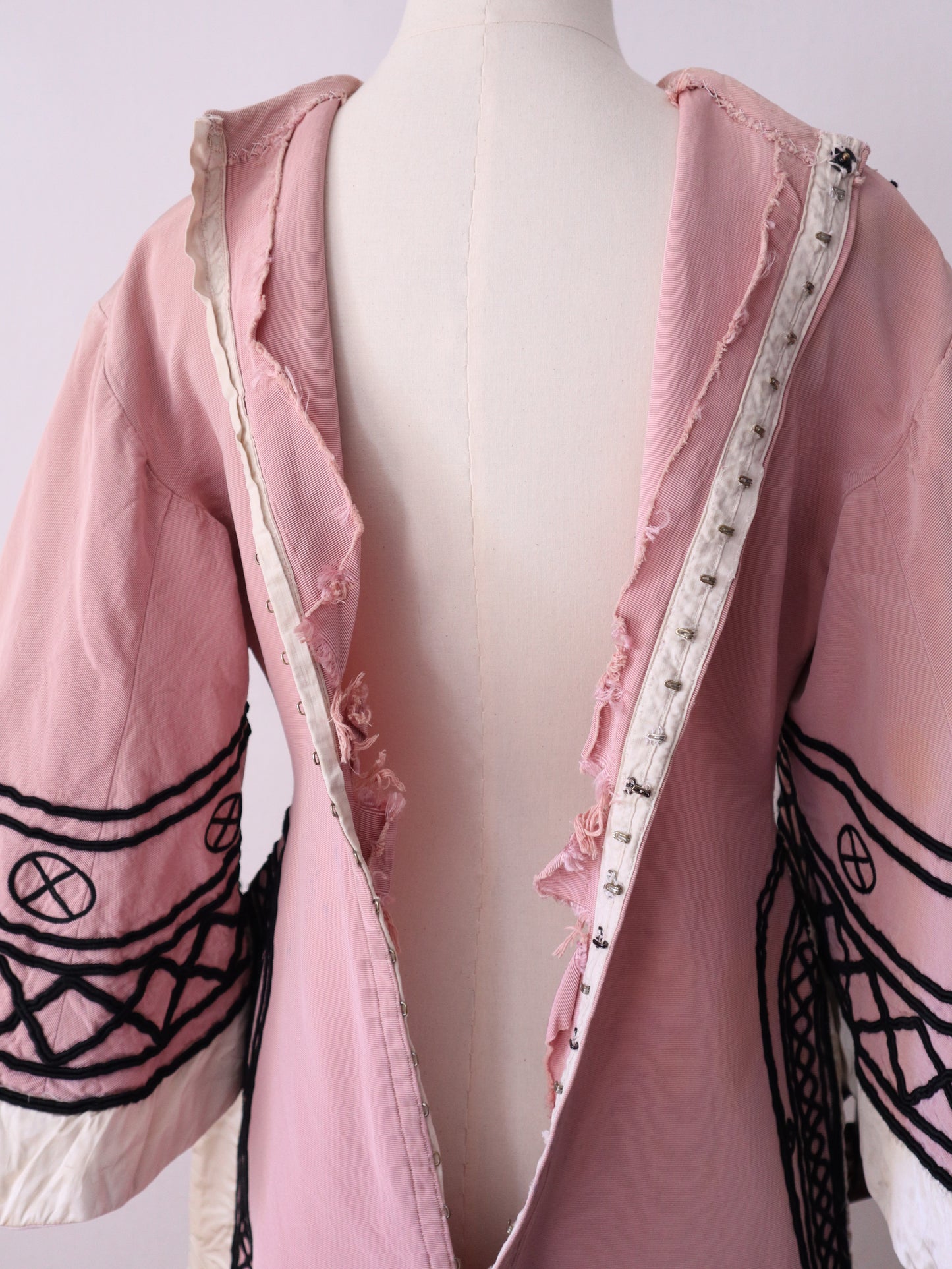 1930s -40s French Opera Tunic Dress by Henri Lebrun – Pink Grosgrain with Black Soutache Trim – Vintage Theatrical Costume