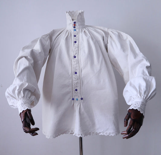Handwoven Transylvanian Linen Folk Blouse with Cutwork Embroidery and Pressed Glass Buttons 1930s 1940s
