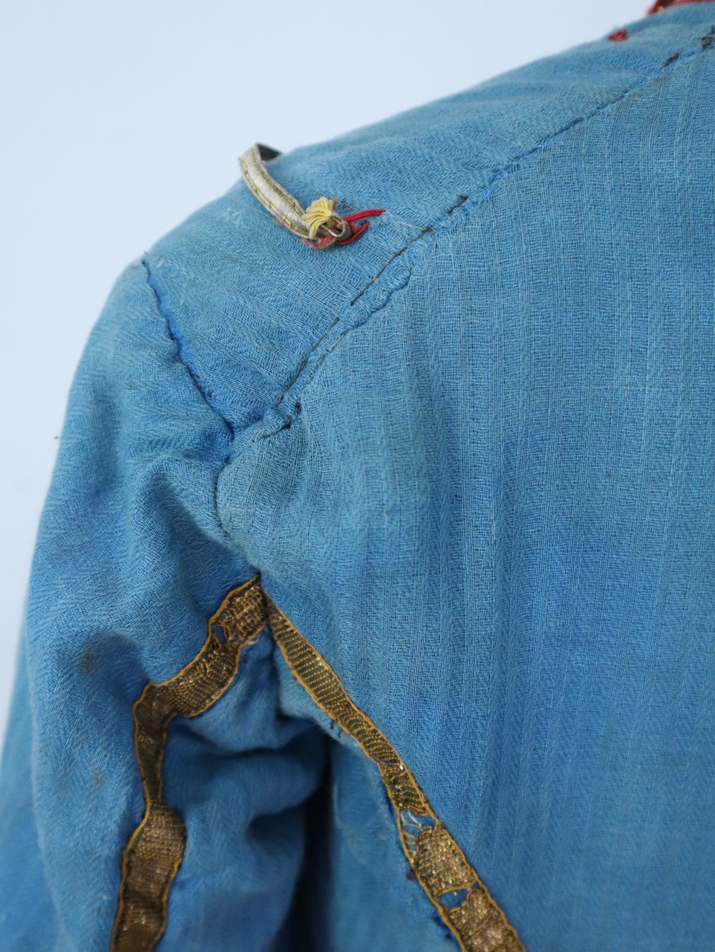 Antique French Theatre Costume 19th Century Military Style Indigo Blue Red Sun Fade Gold Ribbon Trim Brass Buttons