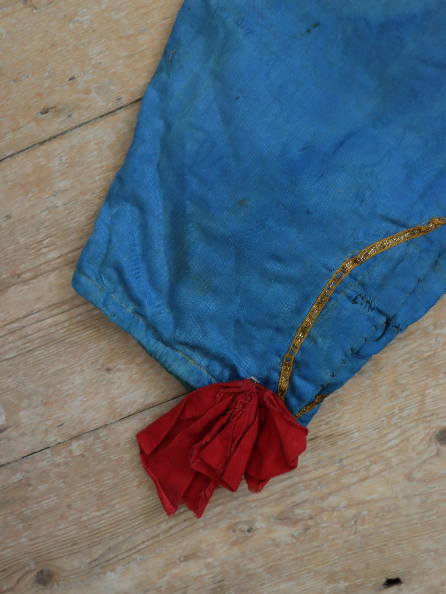 Antique French 19th Century Woven Cotton Blue Renaissance Style Breeches Trousers Pants Red Bows Gold Metal Ribbon Lace Trim Theatre Opera Costume Child’s