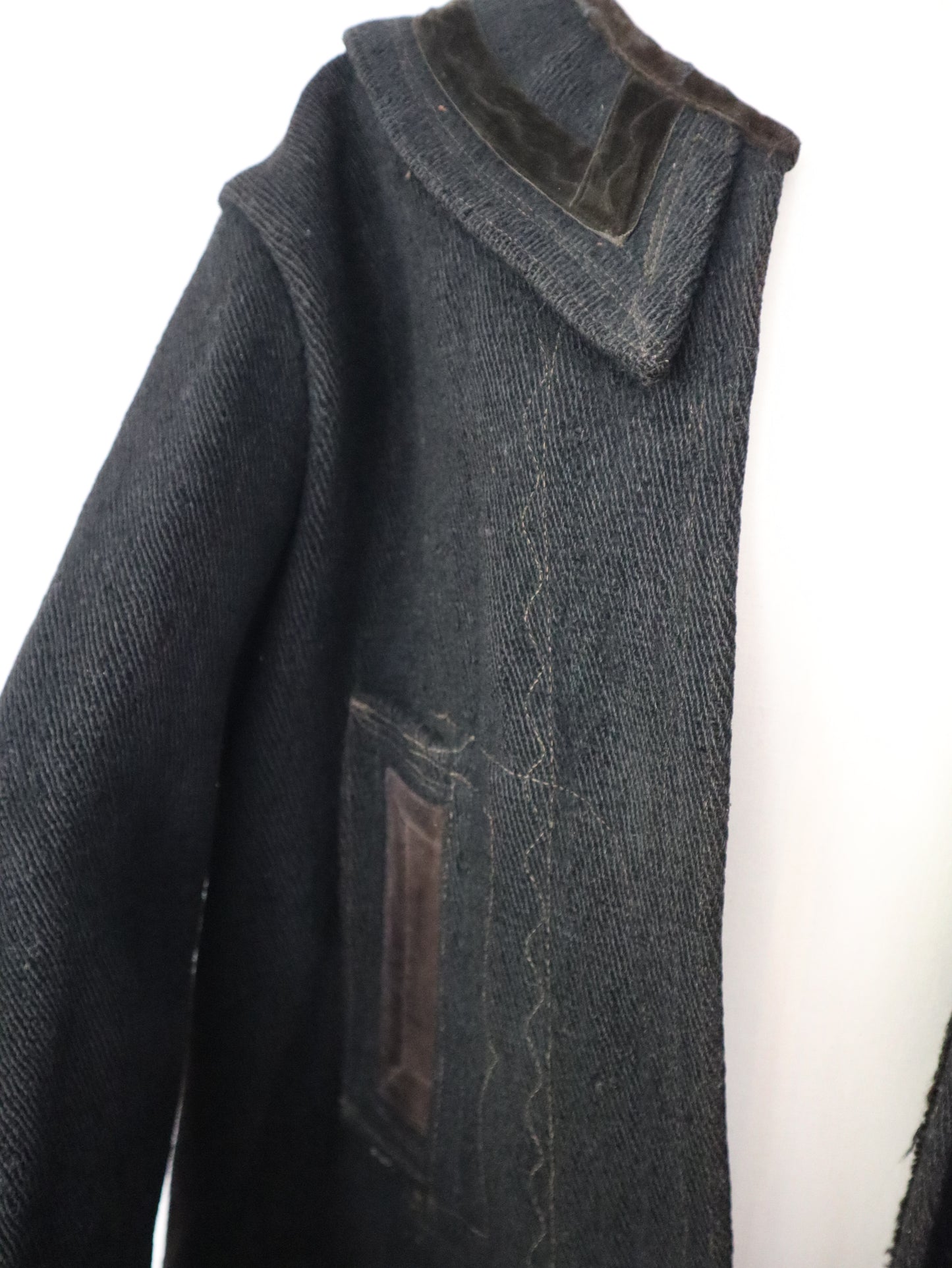 1920s Transylvanian Charcoal Black Wool Coat Traditional Folk Clothing Velvet Trim Stitching