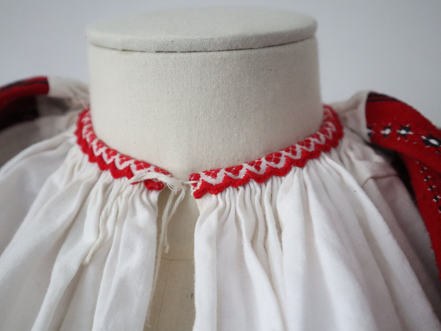 Croatian Folk Blouse – 1940s Croatia–Hungary Border – White Linen with Red, Black and White Woven Sleeves – Cropped Body