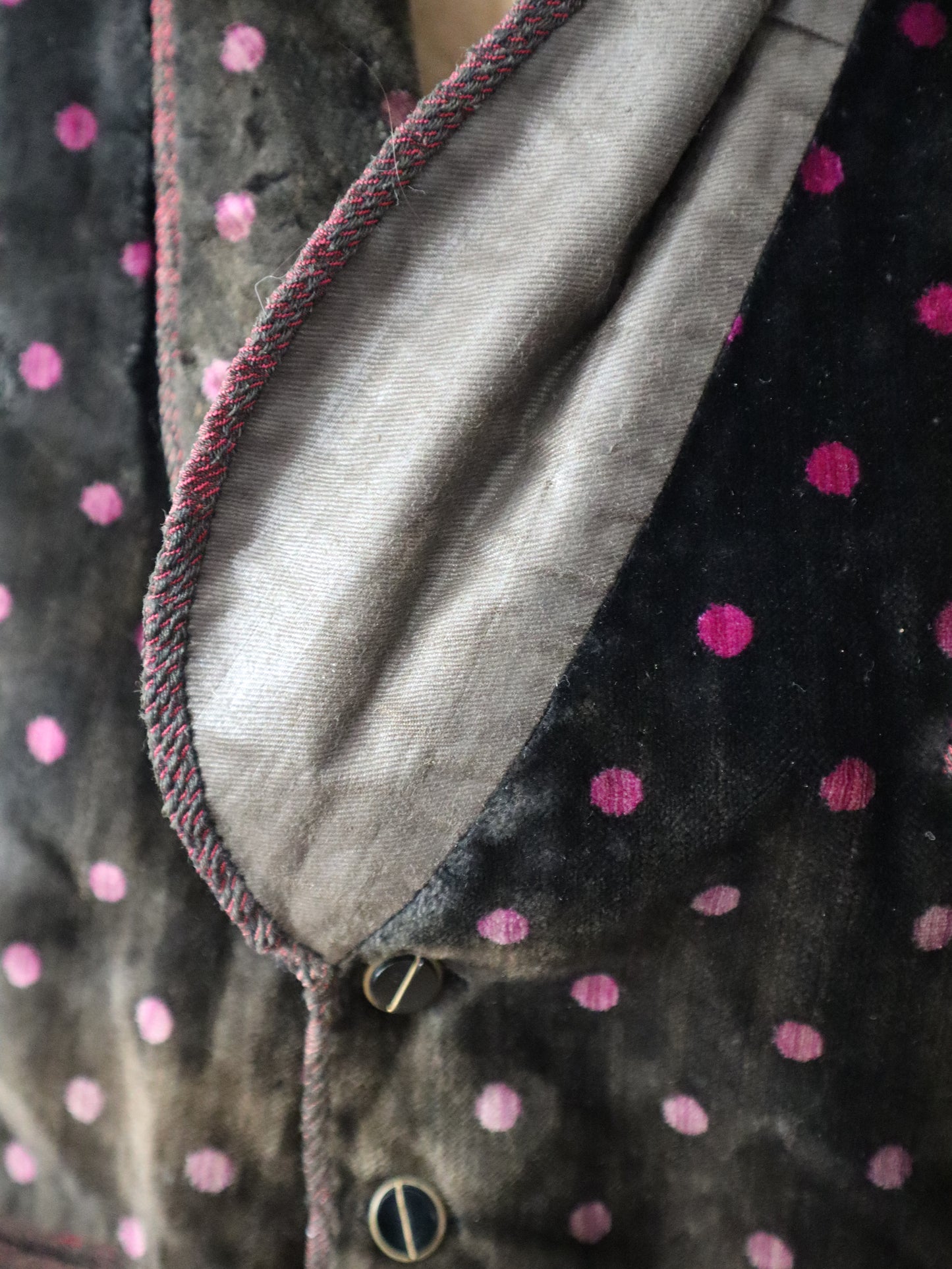 Antique Early 1900s French Silk Velvet Waistcoat with Purple Polkadots