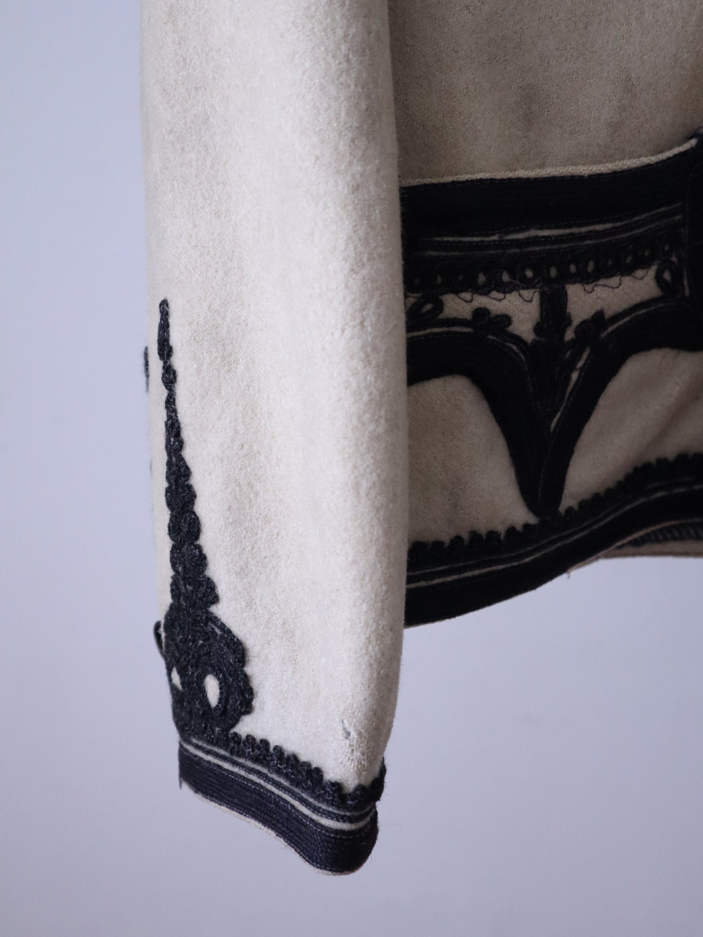 1930s Transylvanian Folk Jacket – Cream Wool with Black Soutache Embroidery – Indigo Cotton Twill Lining – Traditional Vintage Coat