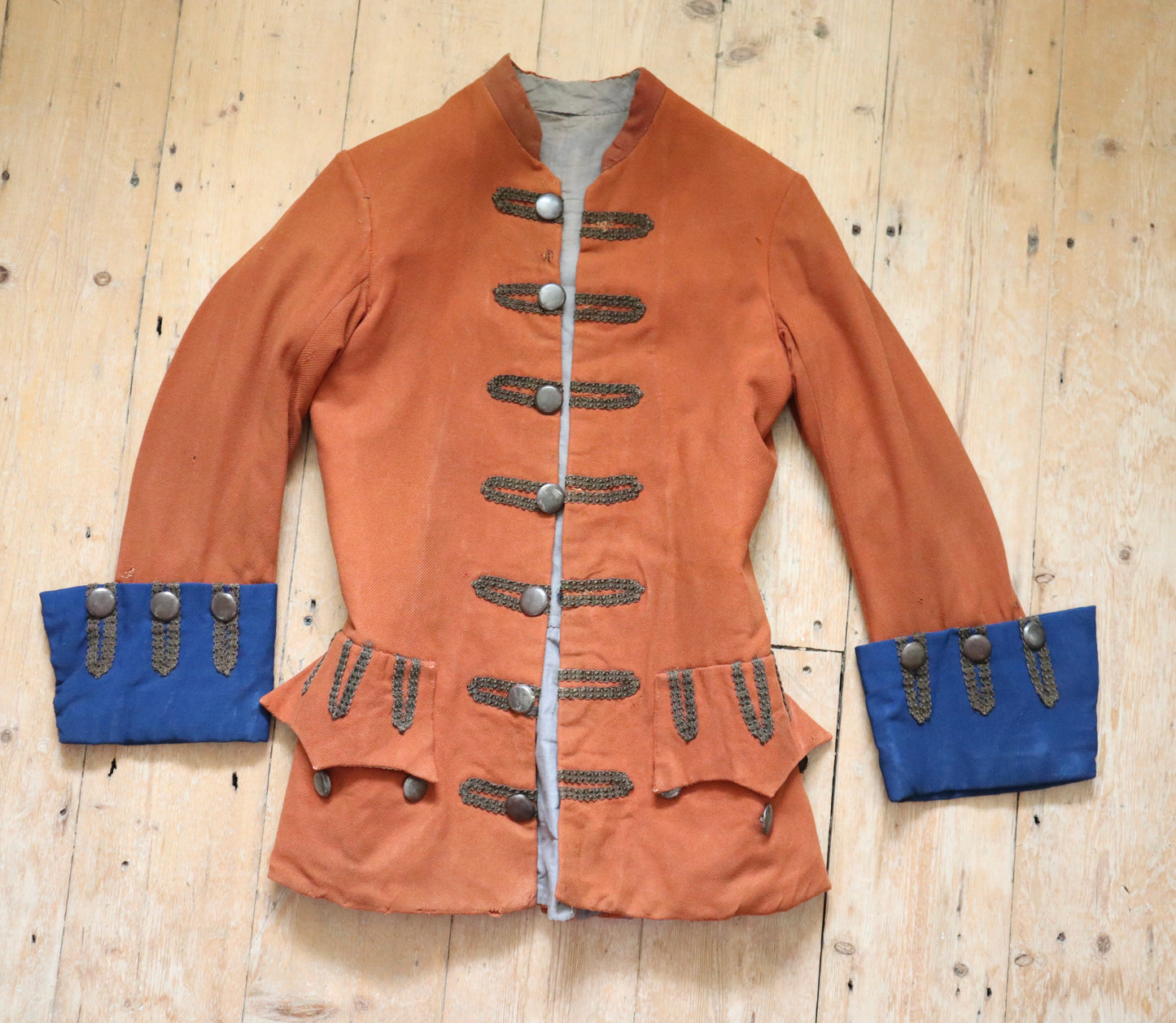 Antique French Opera Costume Jacket Rust Brown Frock Coat Blue Cuffs 18th Century Style