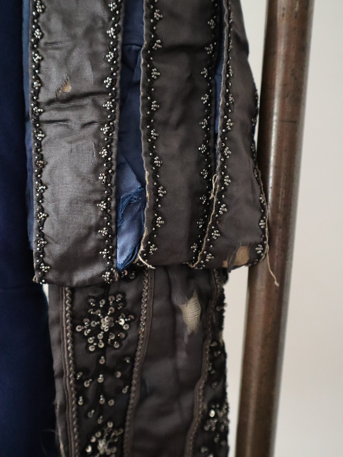 Antique French Opera Doublet Tunic Blue Wool Silk Beaded Sequins Lace Up Early 1900s Renaissance Style