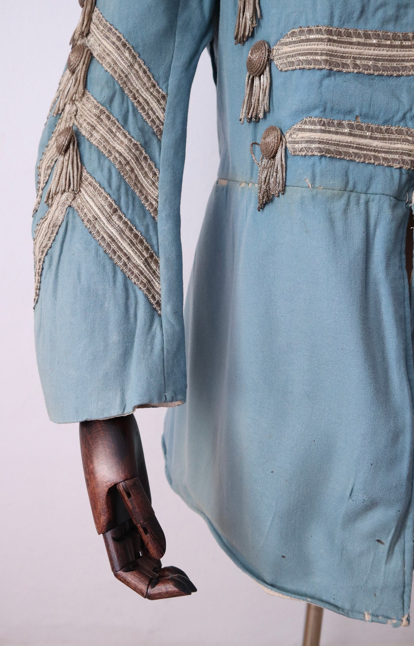 Antique 19th Century Theatrical Military-Style Jacket | Hand-Sewn Powder Blue Costume Coat  Metal Ribbon Trim Tassels