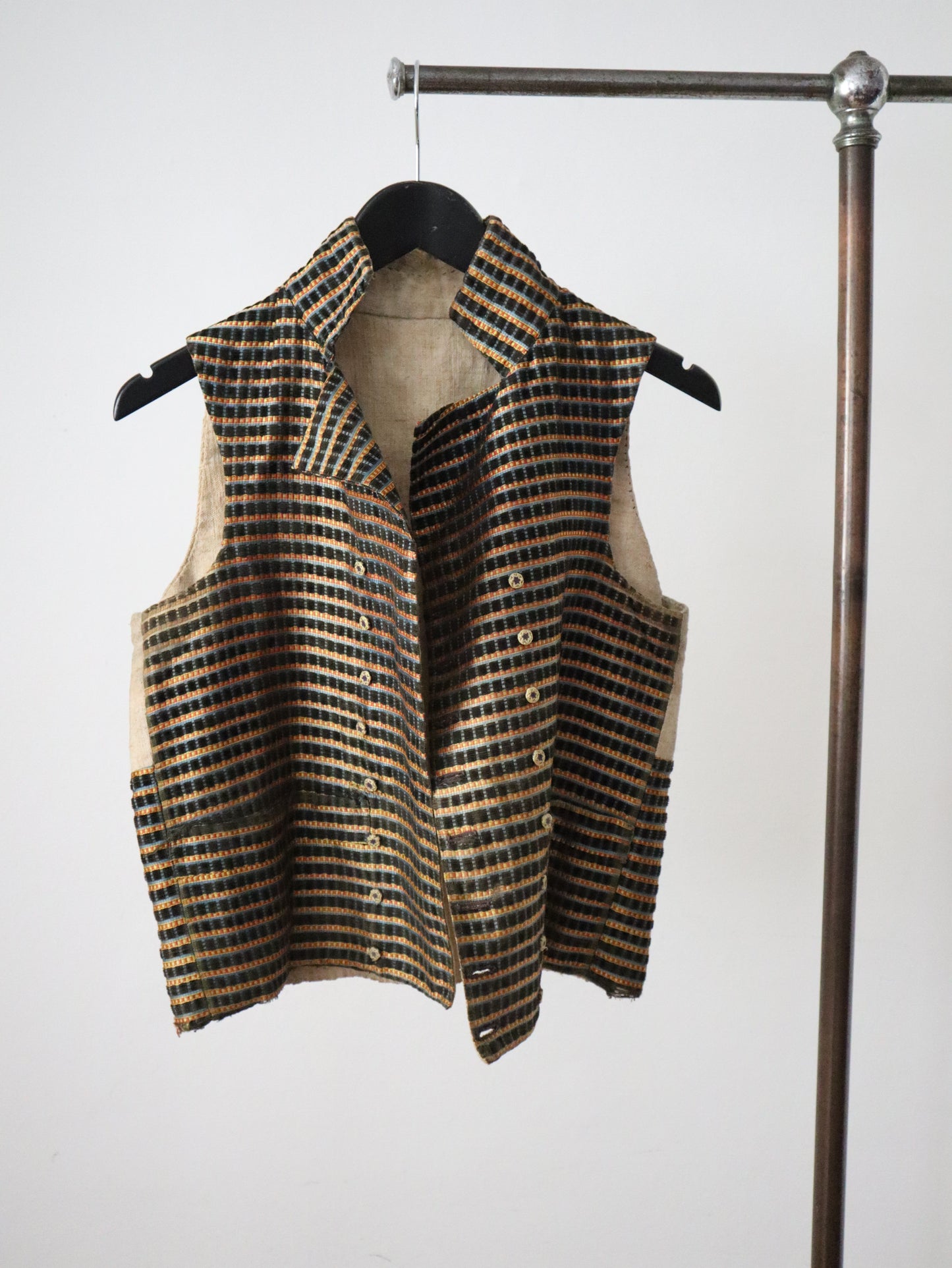 1790s - 1800 Silk Velvet Waistcoat
Vest Stripe Covered Buttons Double Breasted French Sack
Linen Back