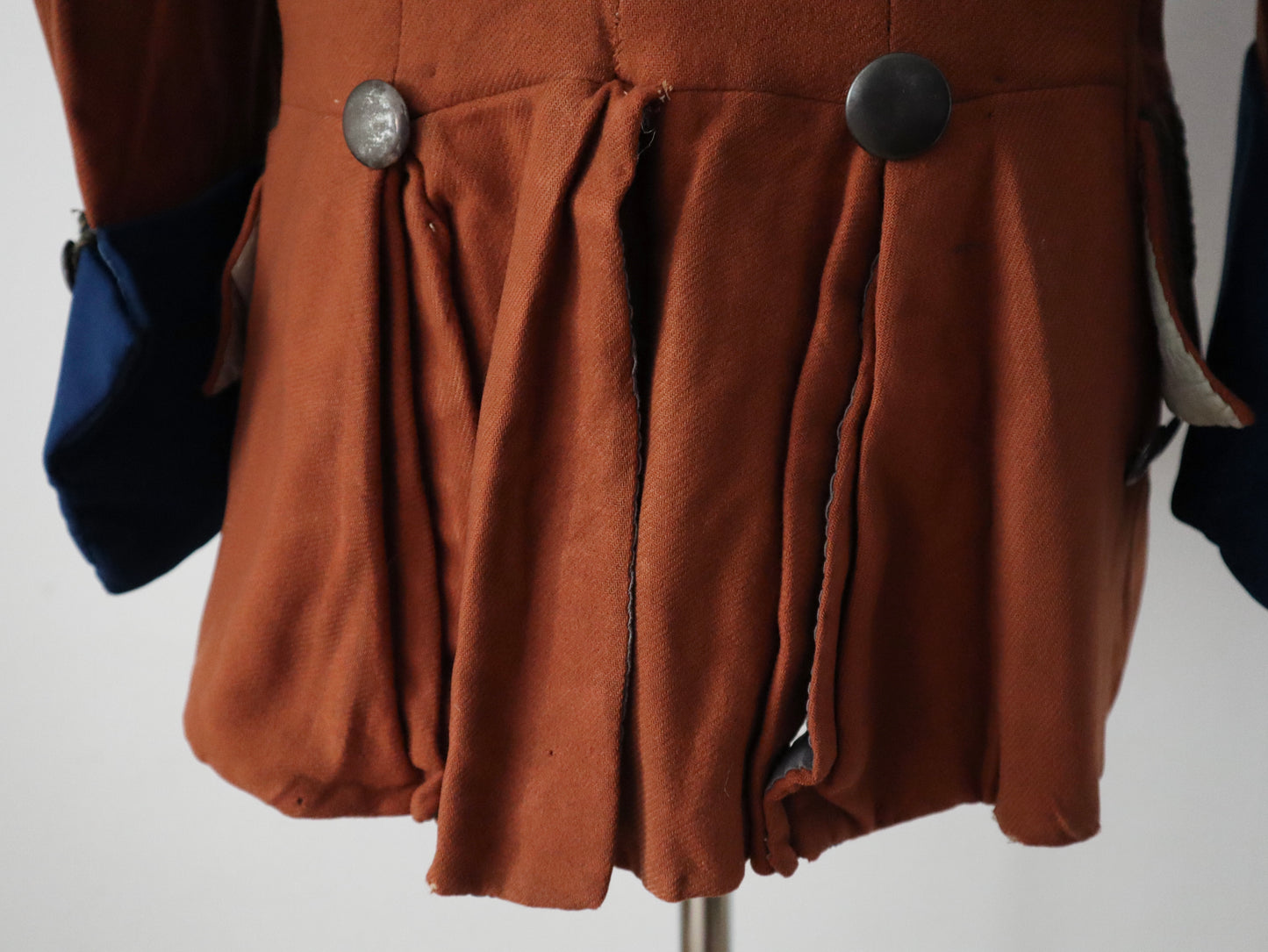 Antique French Opera Costume Jacket Rust Brown Frock Coat Blue Cuffs 18th Century Style