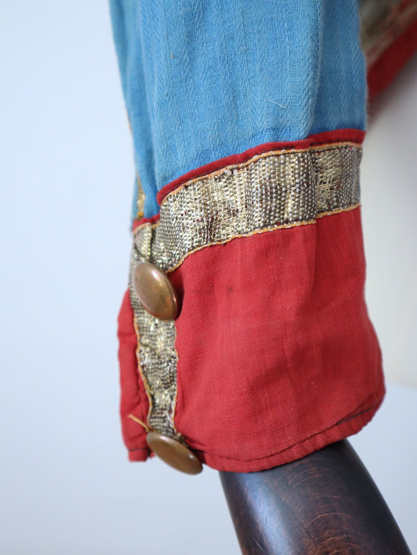 Antique French Theatre Costume 19th Century Military Style Indigo Blue Red Sun Fade Gold Ribbon Trim Brass Buttons