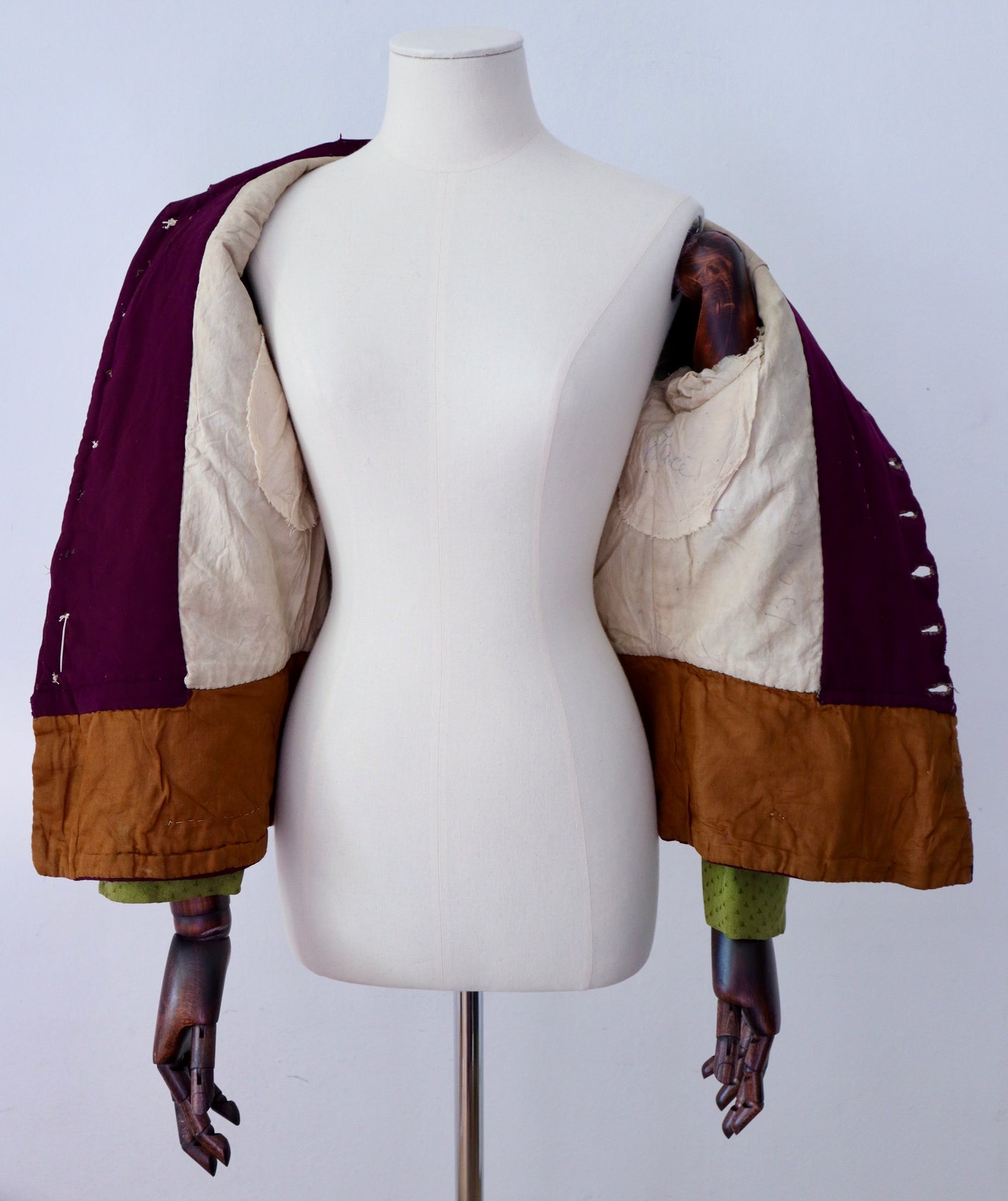 Antique French Opera Costume Jacket Purple Wool Green Cotton Sleeves Ribbon Trim Medieval Renaissance
