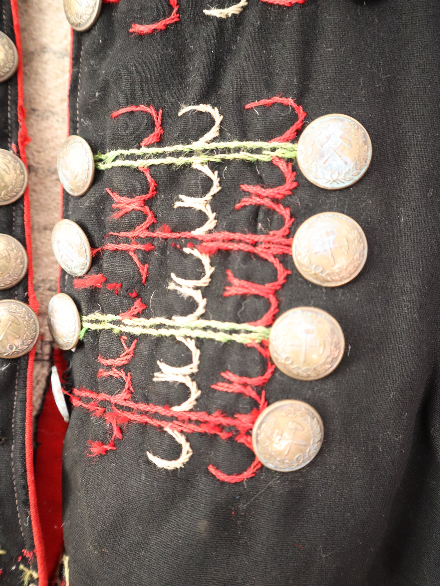 1920s 30s Hungarian Embroidered Vest Waistcoat Folk Floral Brass Buttons Hammer Pick