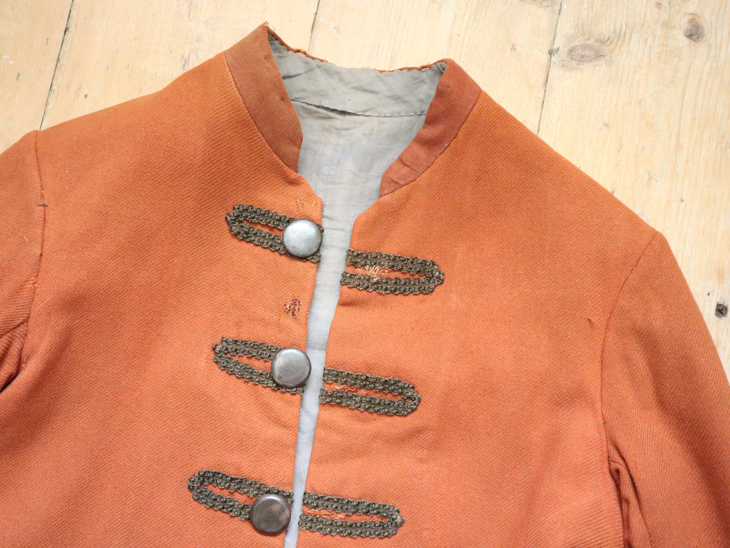 Antique French Opera Costume Jacket Rust Brown Frock Coat Blue Cuffs 18th Century Style