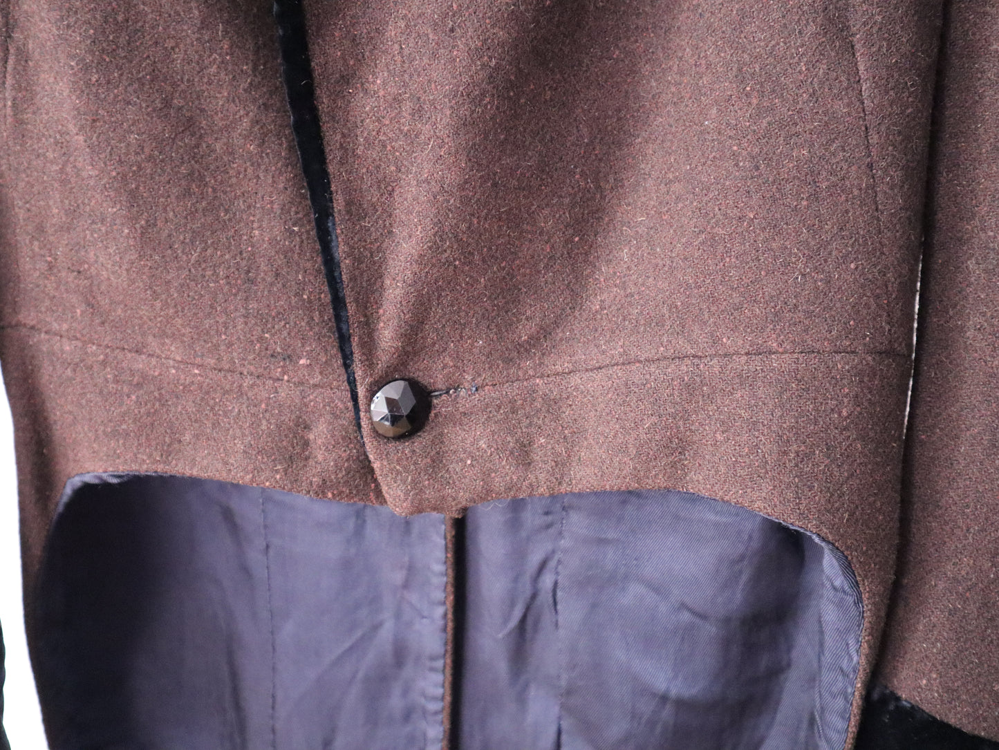 Antique c.1920s French Opera Costume Tailcoat Dark Brown Wool with Velvet Trim & Faceted Glass Buttons Hand-Stitched & Fully Lined