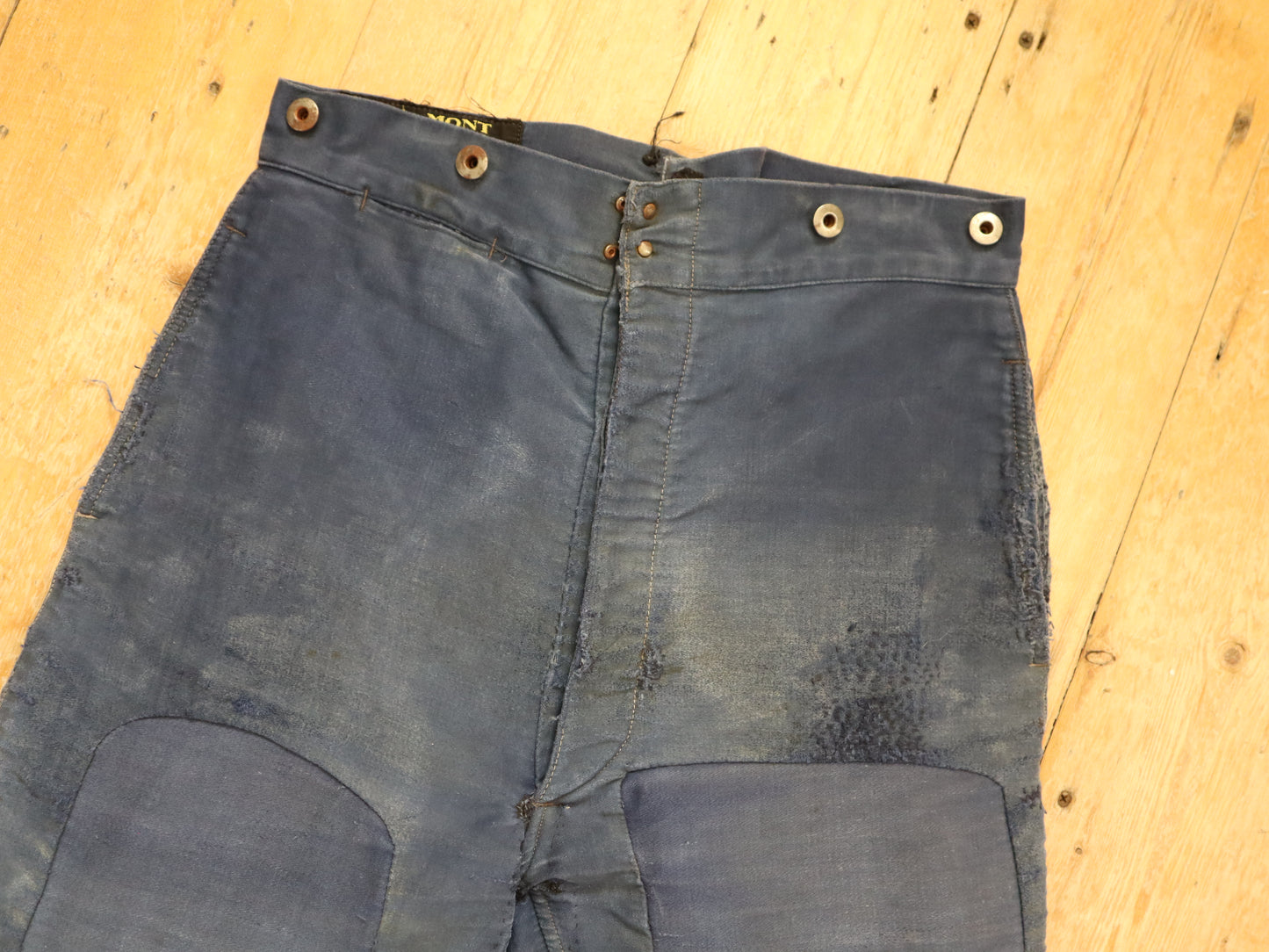French Le Mont St Michel Blue Moleskin Workwear Trousers Pants Repairs Darned 1950s