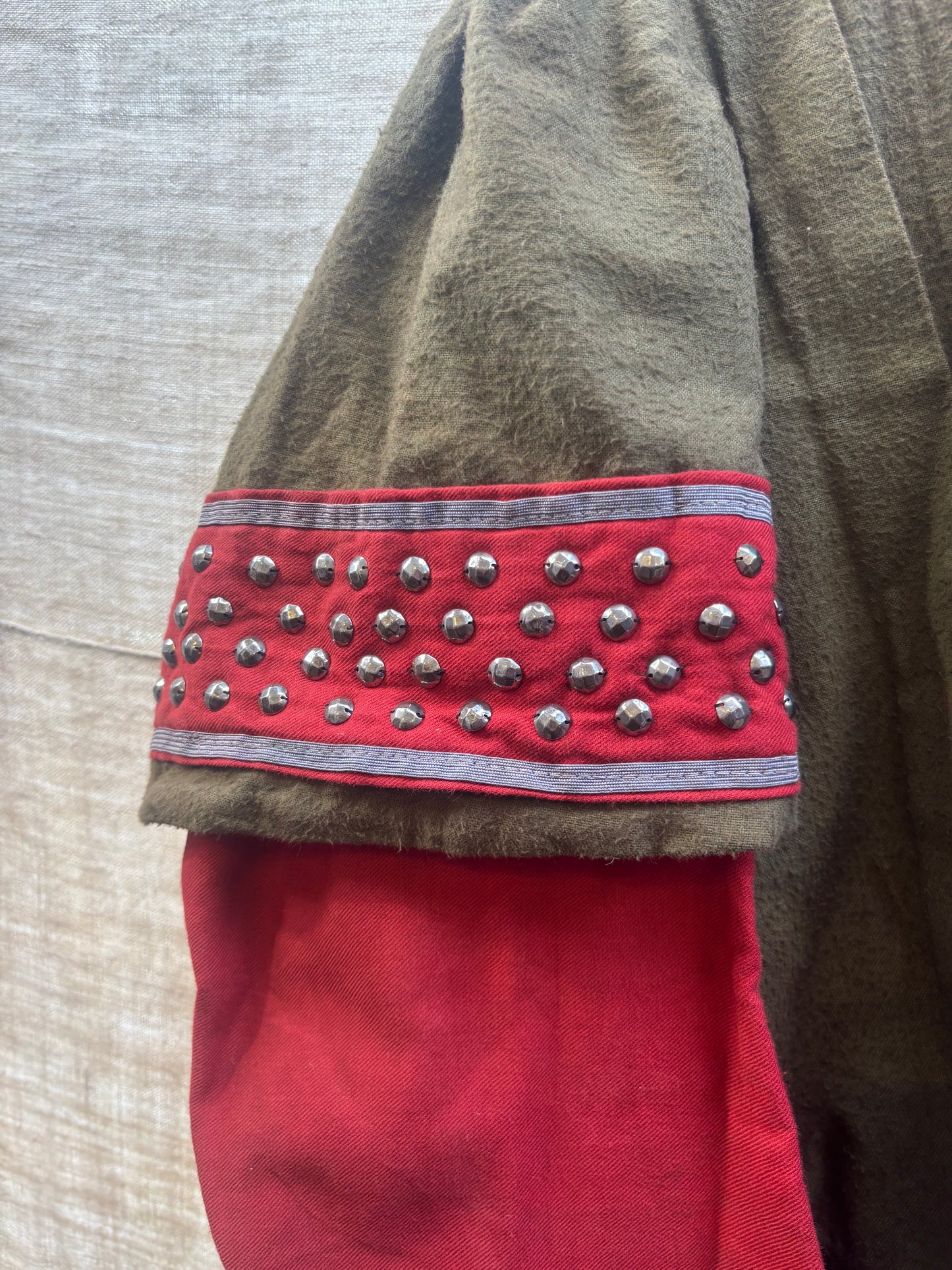Antique French Opera Costume Tunic Vermillion Olive Studded Renaissance Medieval