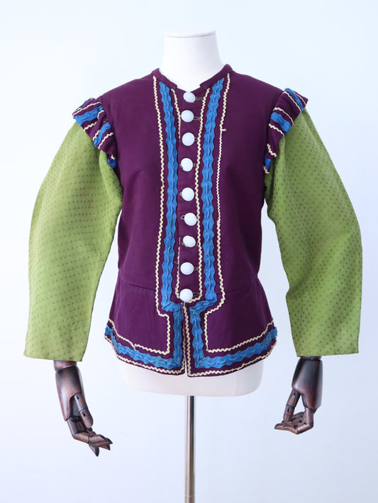 Antique French Opera Costume Jacket Purple Wool Green Cotton Sleeves Ribbon Trim Medieval Renaissance