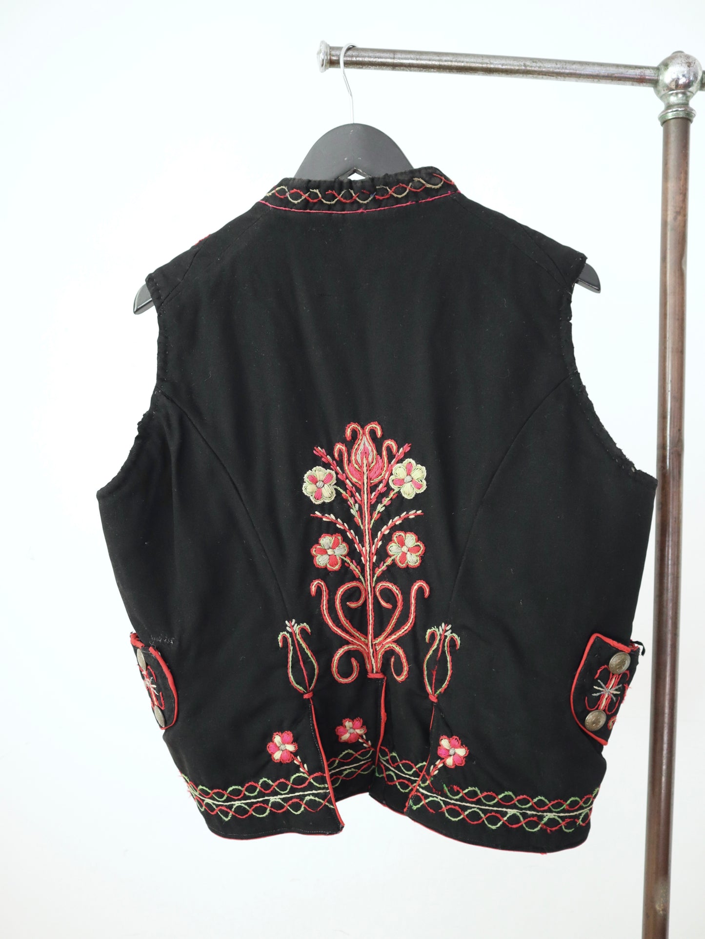 1920s 30s Hungarian Embroidered Vest Waistcoat Folk Floral Brass Buttons Hammer Pick