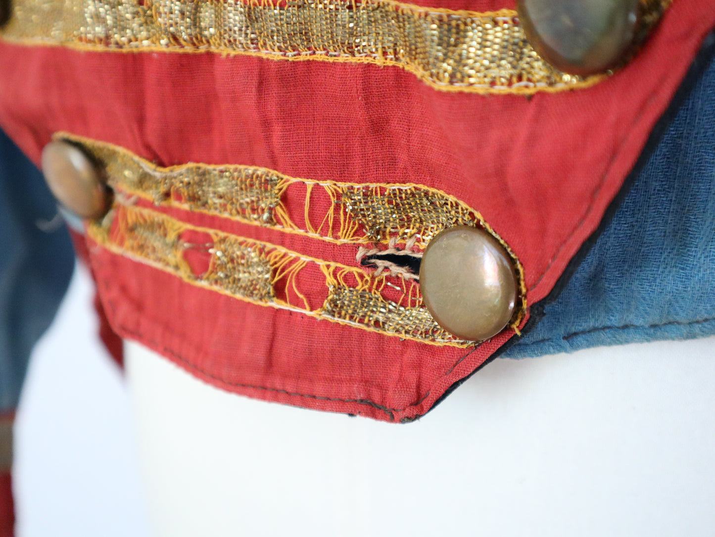 Antique French Theatre Costume 19th Century Military Style Indigo Blue Red Sun Fade Gold Ribbon Trim Brass Buttons