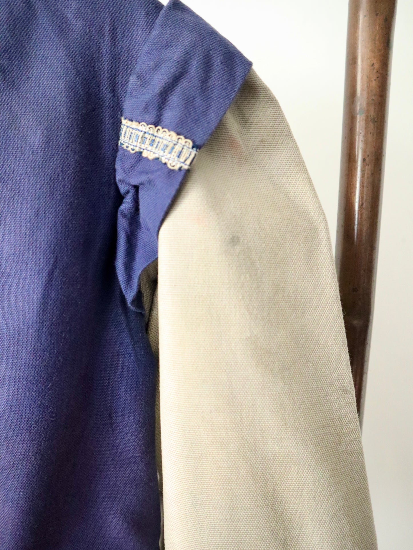 Antique French Opera Costume Jacket Blue Cotton Grey Sleeves Ribbon Trim Medieval Renaissance