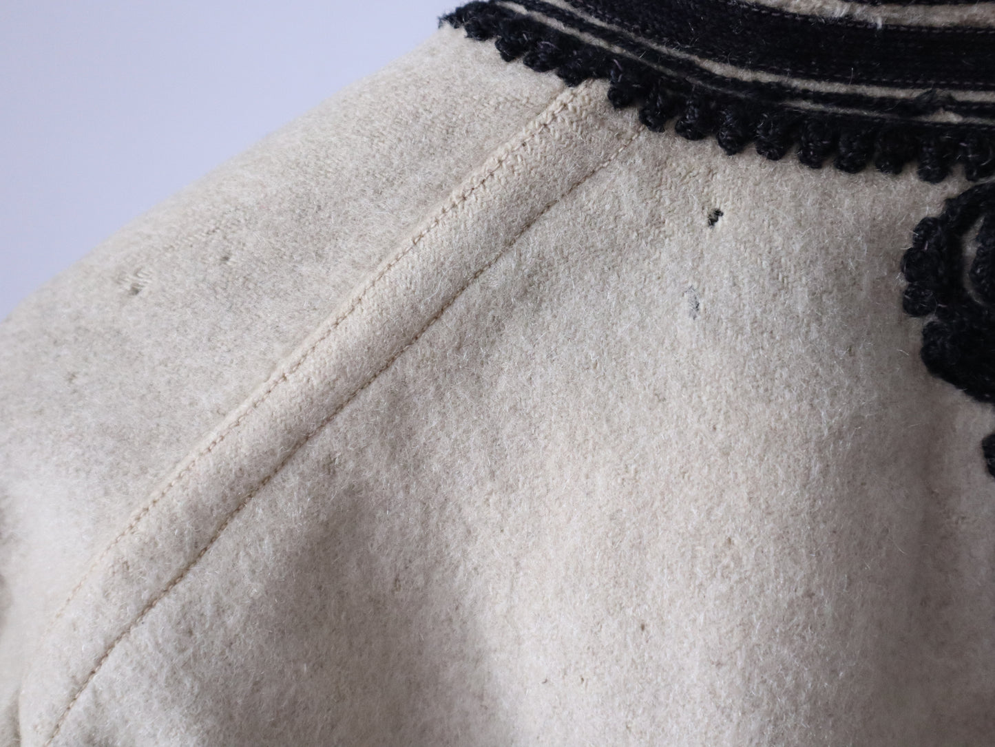 1930s Transylvanian Folk Jacket – Cream Wool with Black Soutache Embroidery – Indigo Cotton Twill Lining – Traditional Vintage Coat