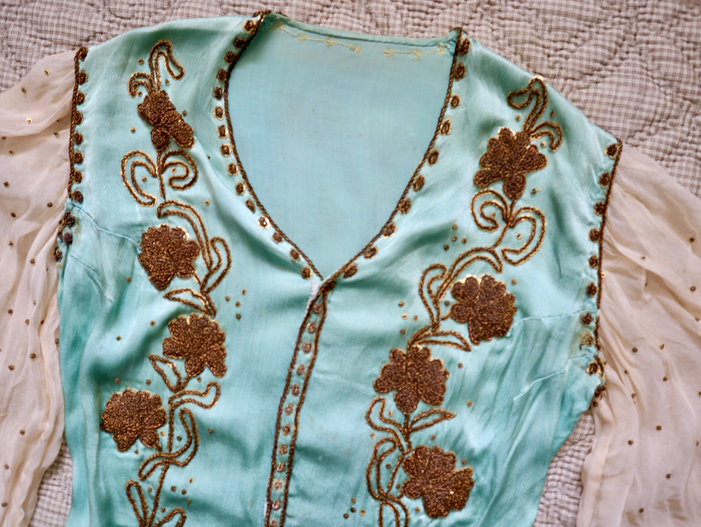 1950s Turquoise Silky Satin Two Piece Gold Beading Sequins Chiffon Sleeves Oriental Eastern