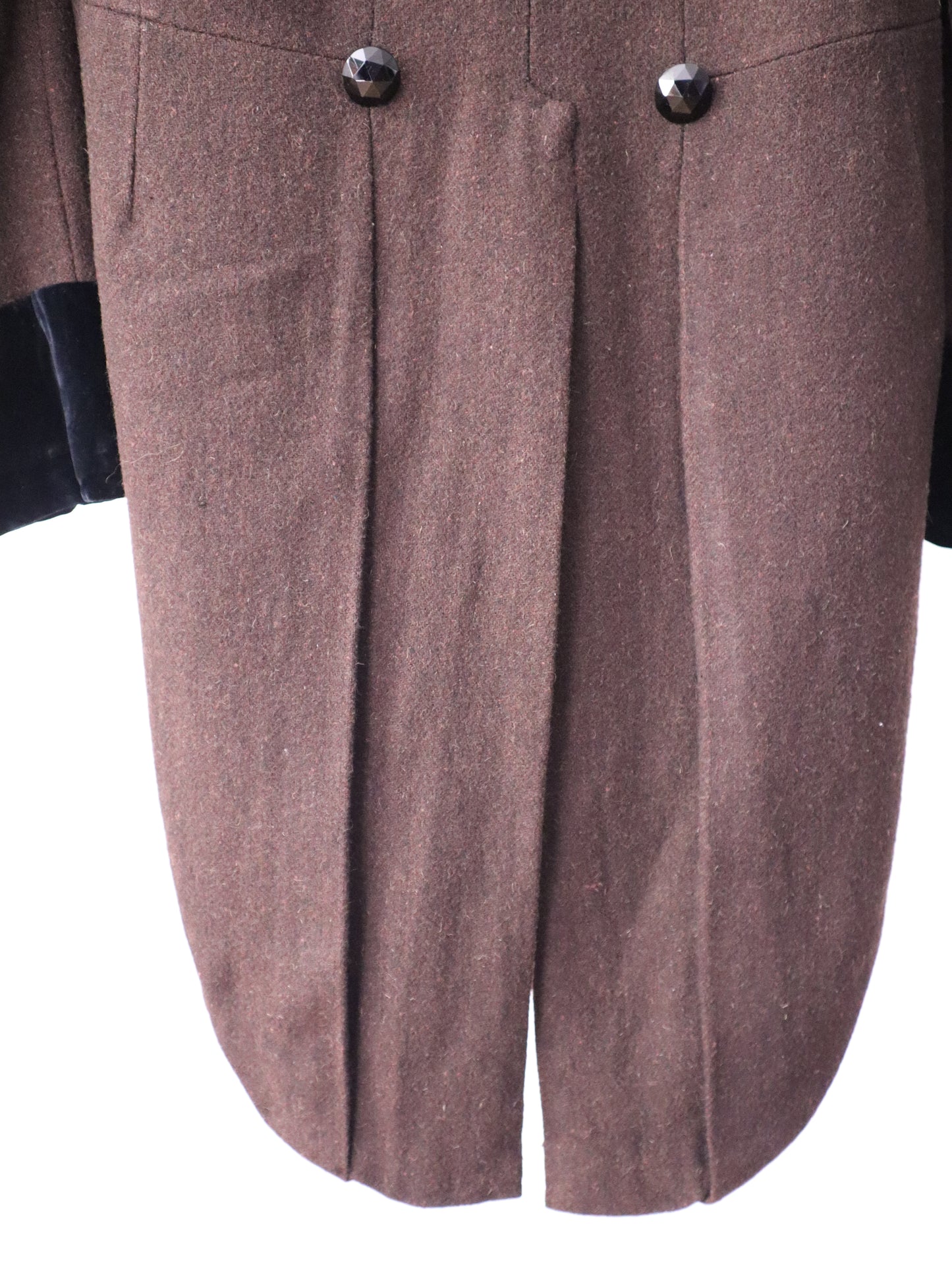 Antique c.1920s French Opera Costume Tailcoat Dark Brown Wool with Velvet Trim & Faceted Glass Buttons Hand-Stitched & Fully Lined