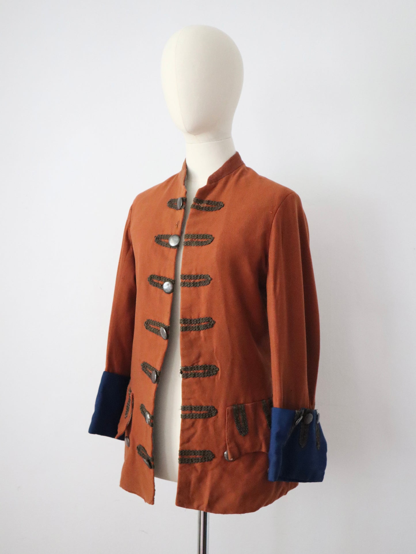 Antique French Opera Costume Jacket Rust Brown Frock Coat Blue Cuffs 18th Century Style