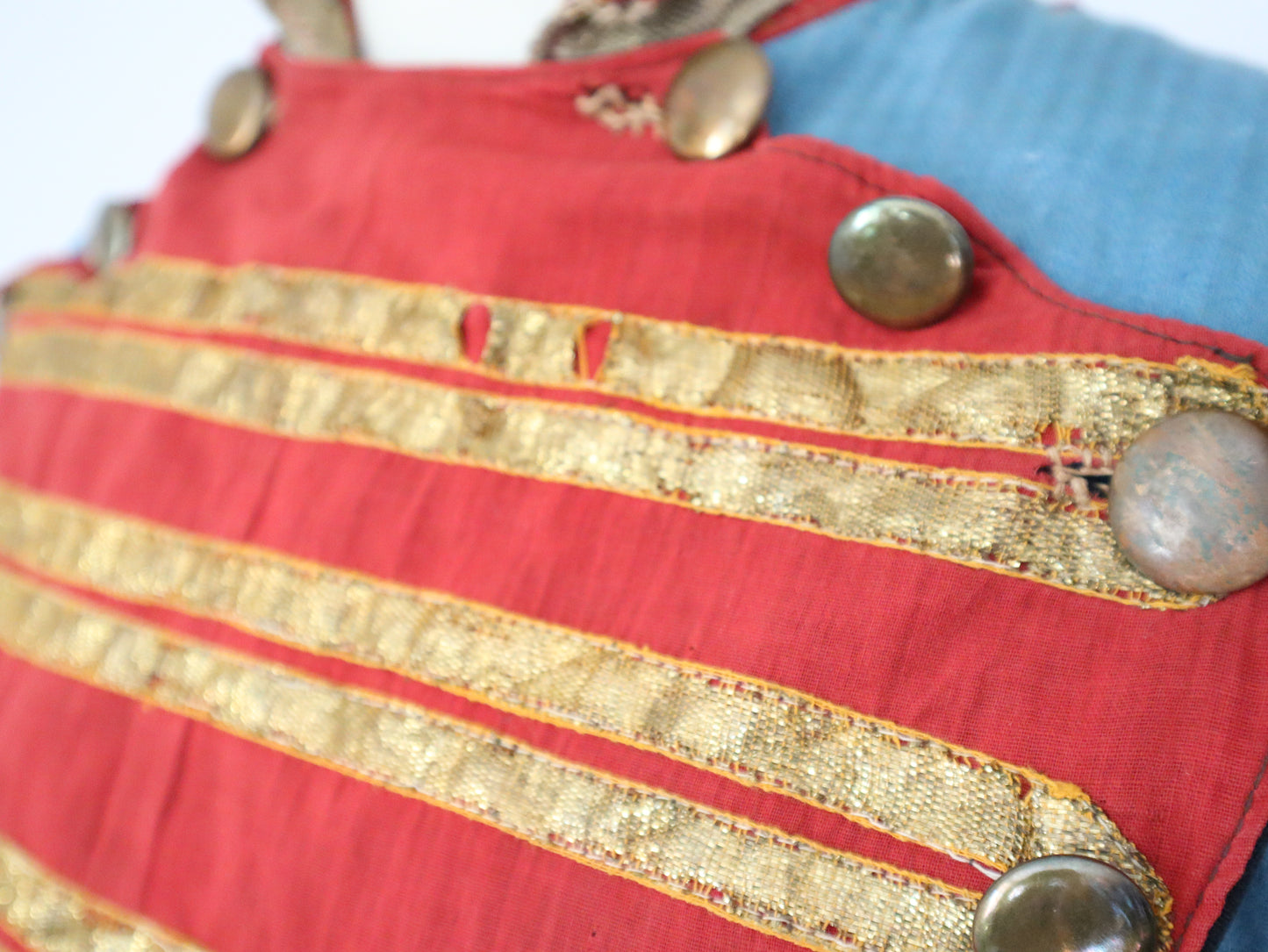 Antique French Theatre Costume 19th Century Military Style Indigo Blue Red Sun Fade Gold Ribbon Trim Brass Buttons