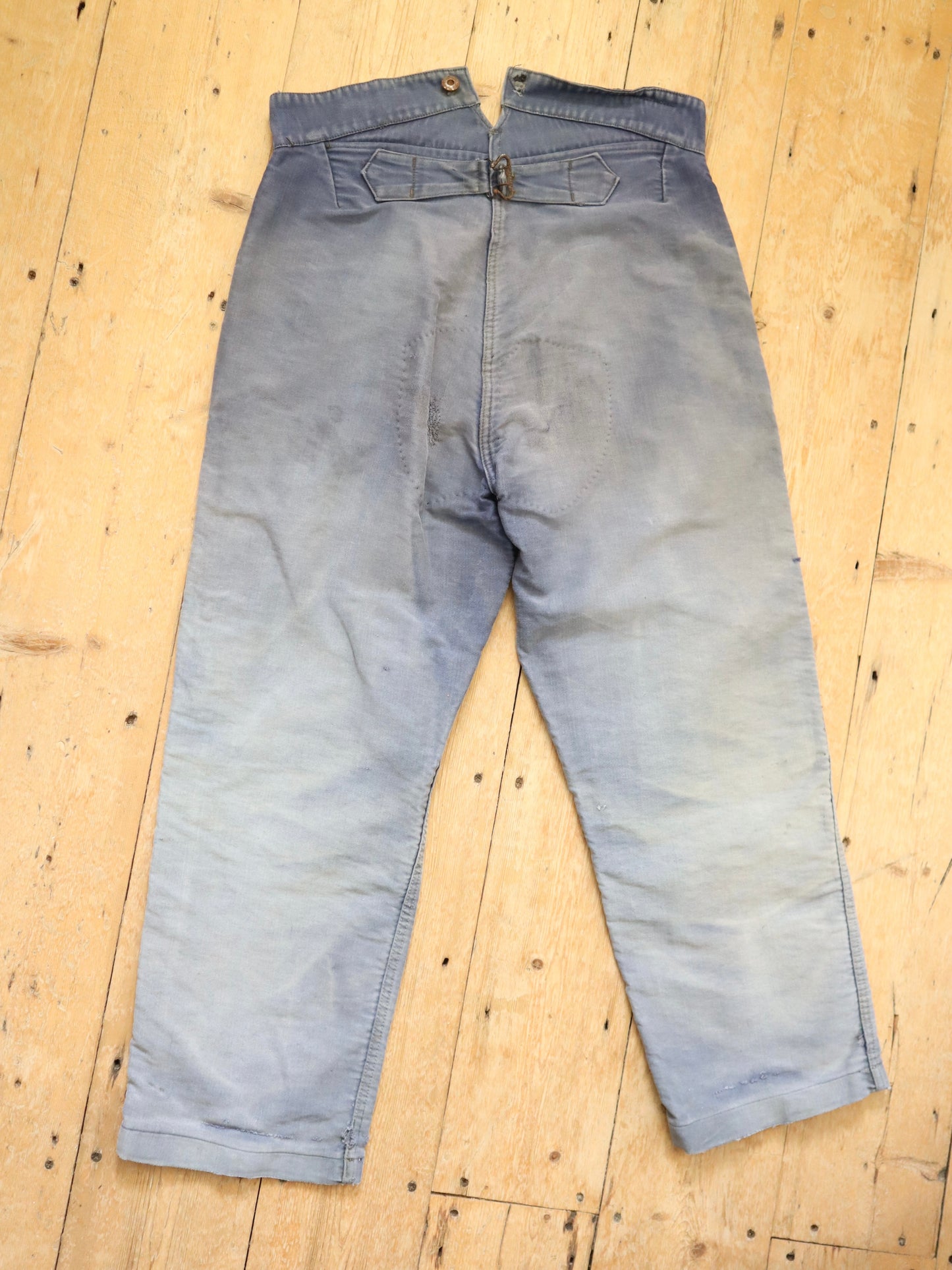 1950s French Le Salvetal Blue Moleskin Workwear Trousers Pants Patched Repairs Darned