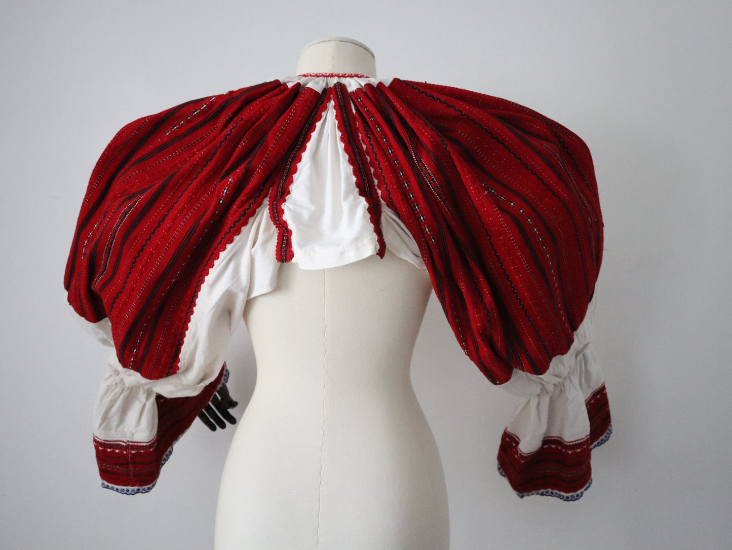 Croatian Folk Blouse – 1940s Croatia–Hungary Border – White Linen with Red, Black and White Woven Sleeves – Cropped Body