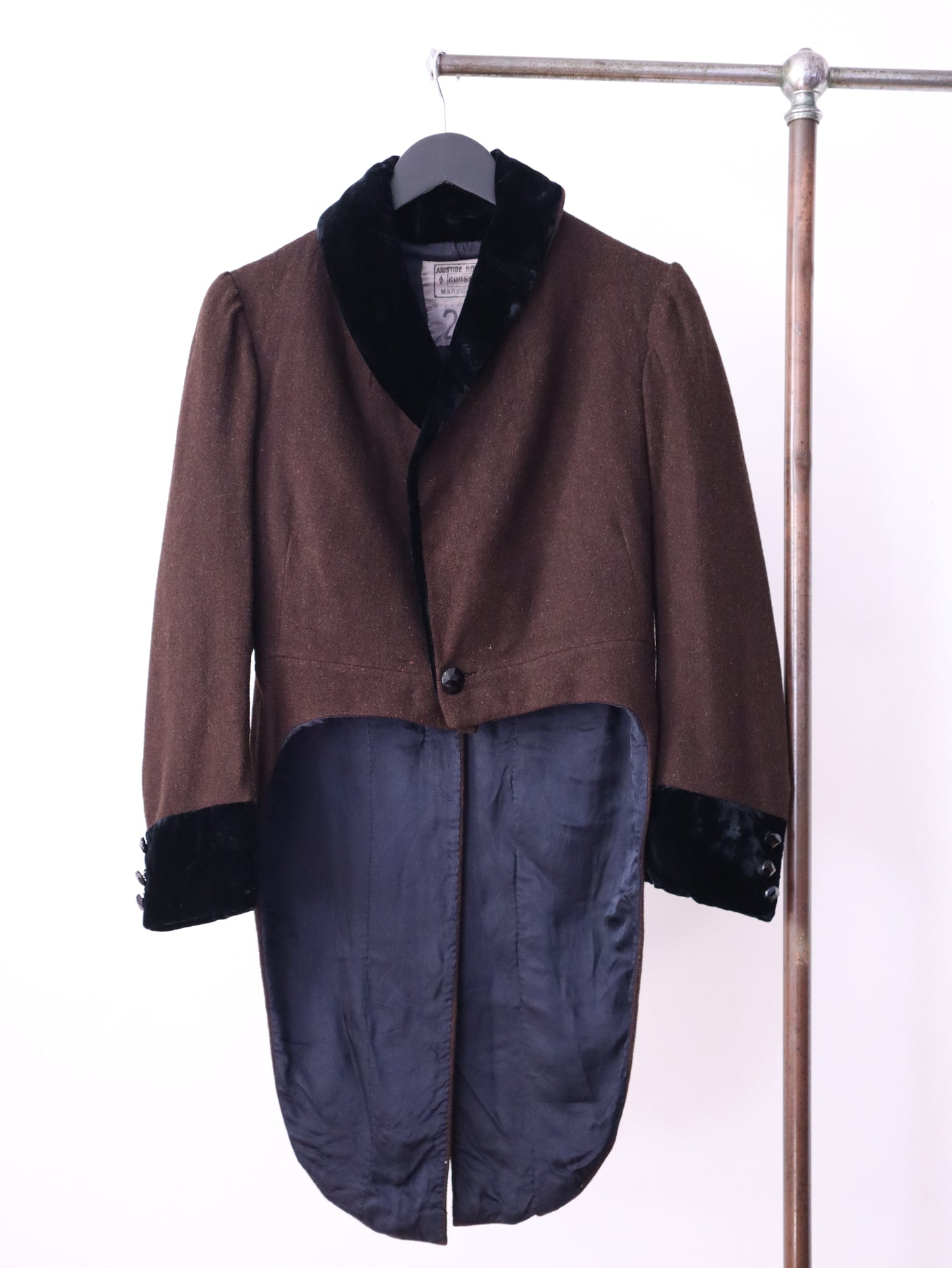 Antique c.1920s French Opera Costume Tailcoat Dark Brown Wool with Velvet Trim & Faceted Glass Buttons Hand-Stitched & Fully Lined