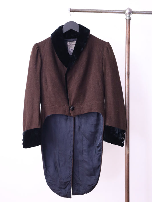 Antique c.1920s French Opera Costume Tailcoat Dark Brown Wool with Velvet Trim & Faceted Glass Buttons Hand-Stitched & Fully Lined